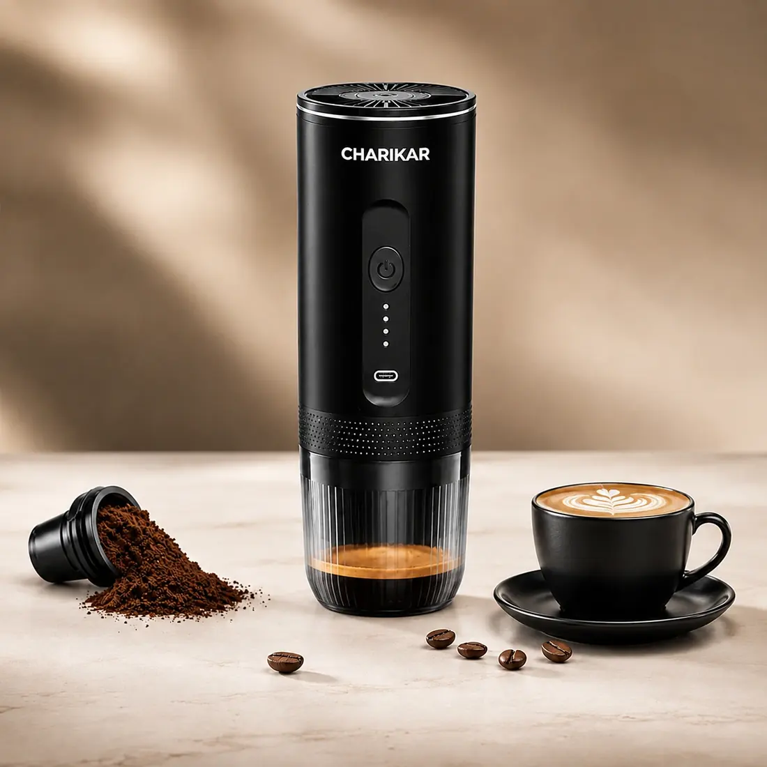 CHARIKAR portable espresso maker with a cup of coffee