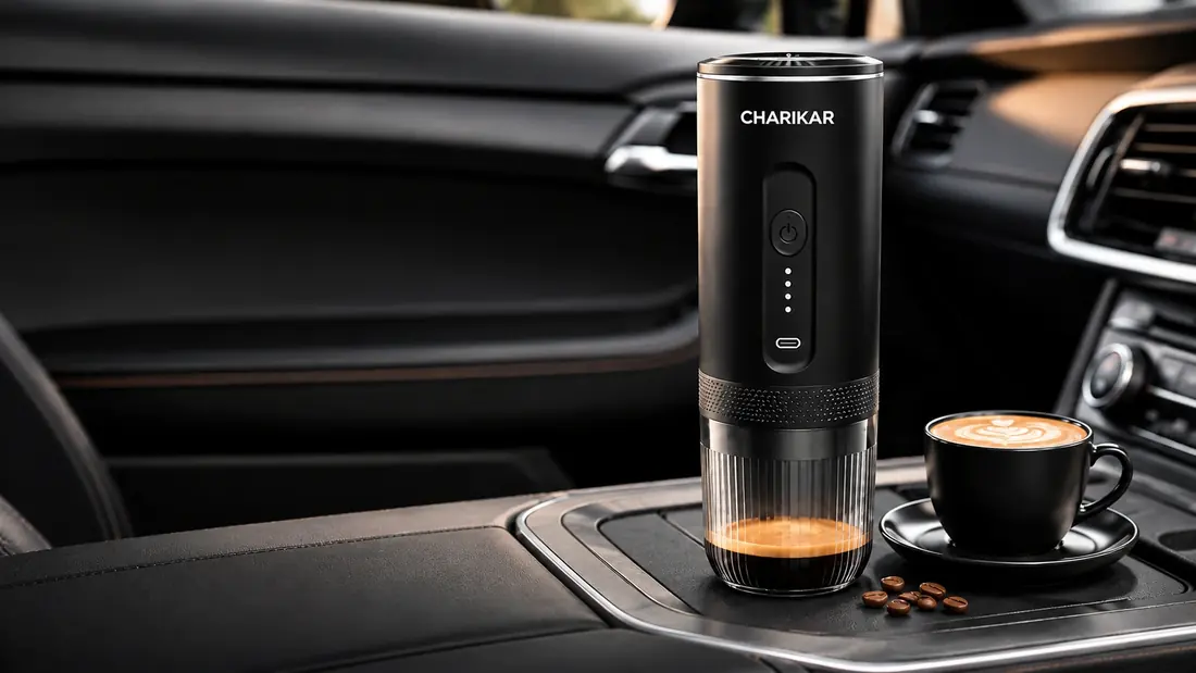 CHARIKAR self-heating portable espresso maker beside freshly poured coffee