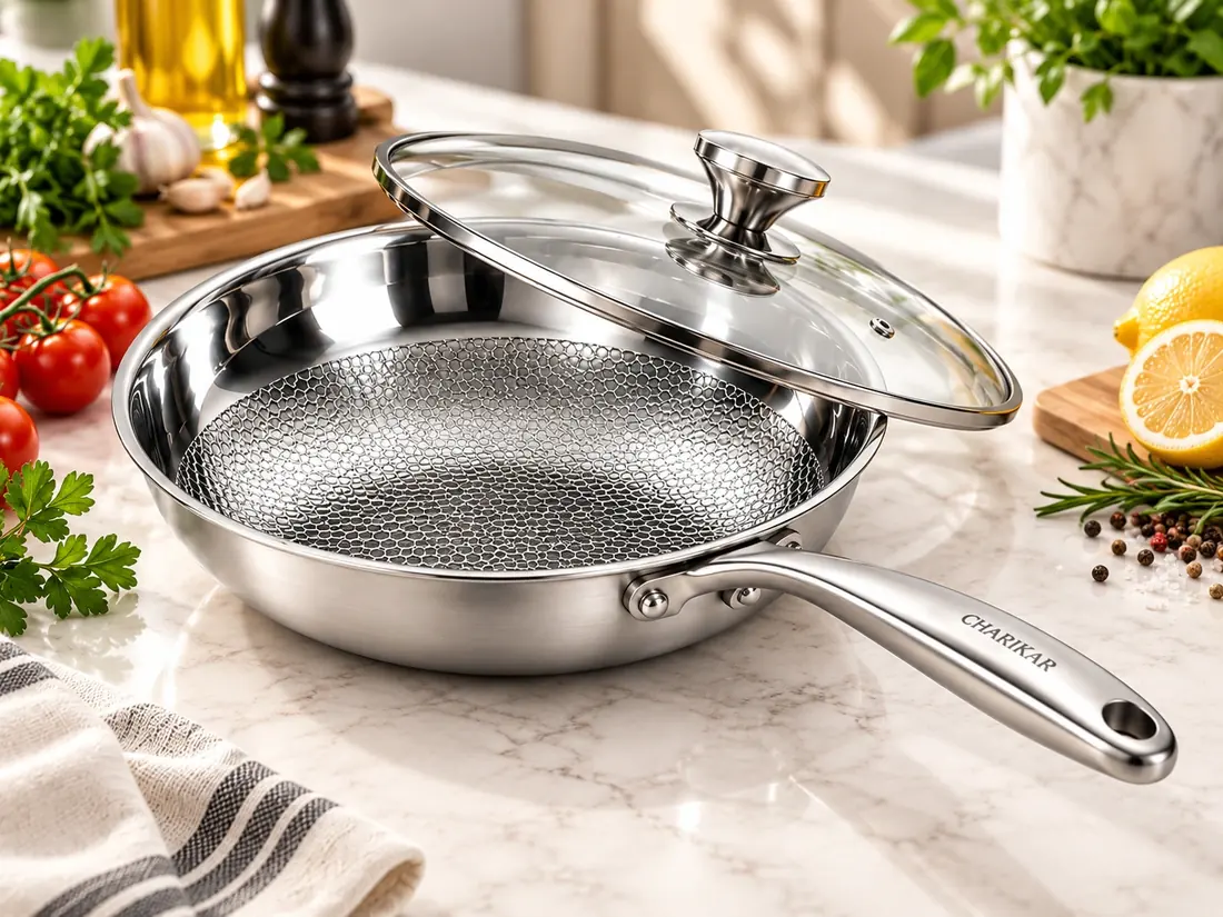 CHARIKAR silver cookware with honeycomb-textured titanium cooking surface