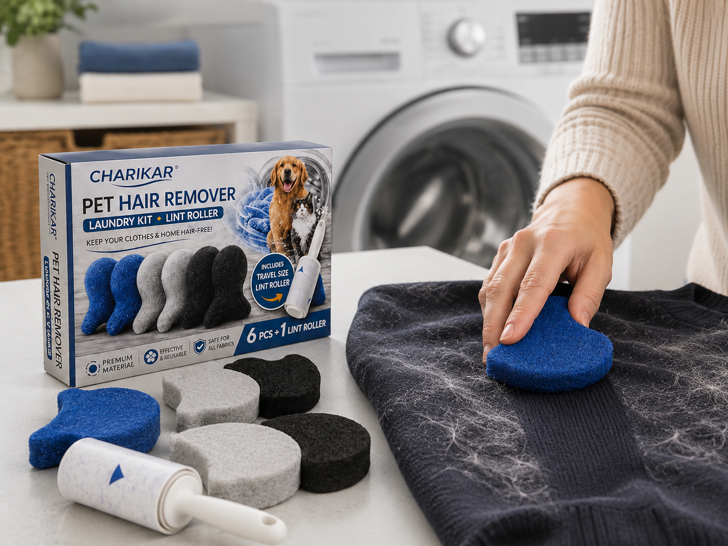 CHARIKAR pet hair remover kit including reusable sponges and lint roller