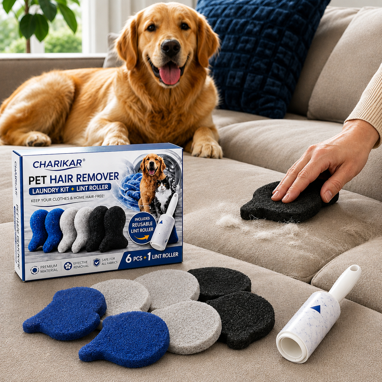 Pet hair remover kit in a home setting