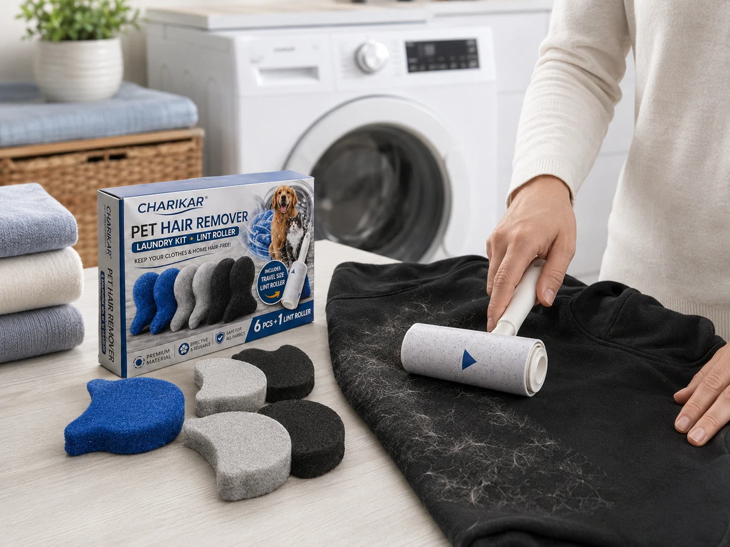 CHARIKAR Pet Hair Remover Kit used in laundry room
