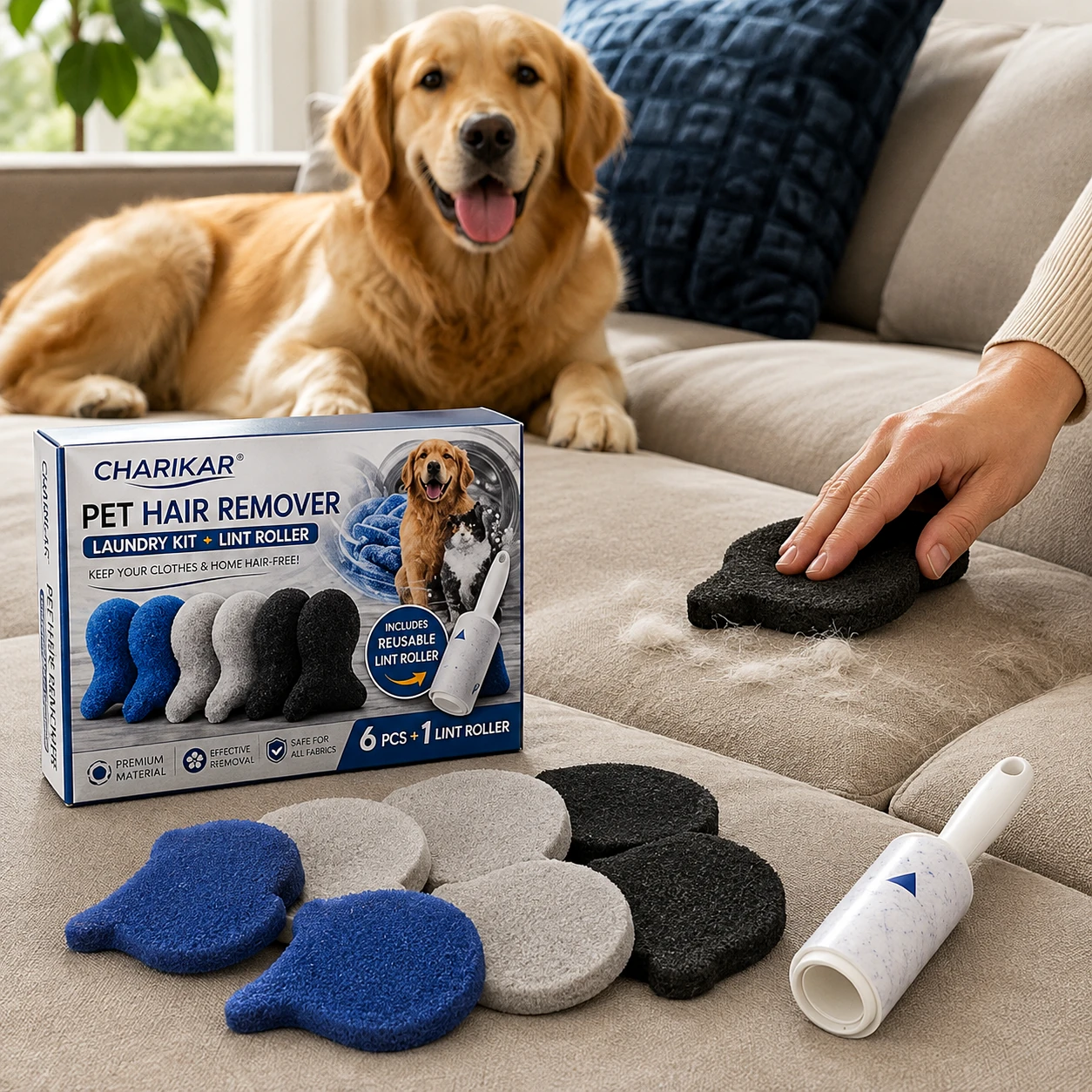 CHARIKAR pet hair remover on sofa